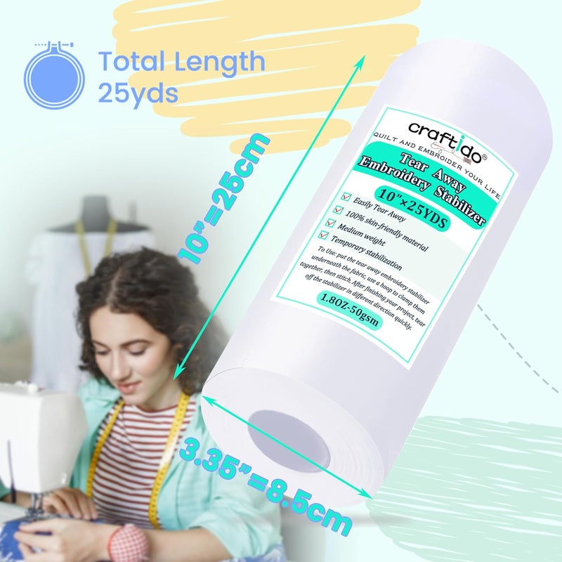 craftido Tear Away Embroidery Stabilizer Backing 10" x 25 Yd/roll Compatible with Most Hoops 1.8oz Medium Weight for Machine Embroidery and Hand Sewing - Image 2